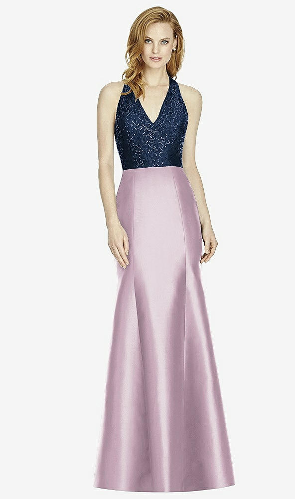 Front View - Suede Rose & Midnight Navy Studio Design Collection 4514 Full Length Halter V-Neck Bridesmaid Dress