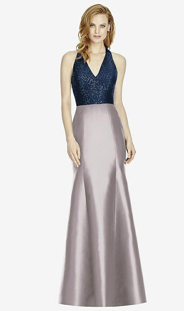 Front View - Cashmere Gray & Midnight Navy Studio Design Collection 4514 Full Length Halter V-Neck Bridesmaid Dress