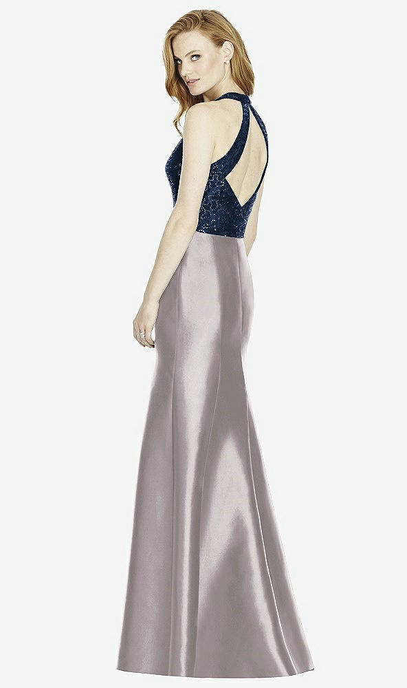 Back View - Cashmere Gray & Midnight Navy Studio Design Collection 4514 Full Length Halter V-Neck Bridesmaid Dress