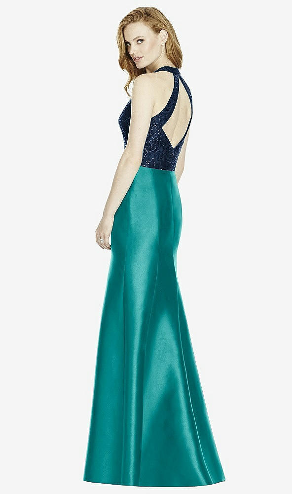 Back View - Jade & Midnight Navy Studio Design Collection 4514 Full Length Halter V-Neck Bridesmaid Dress