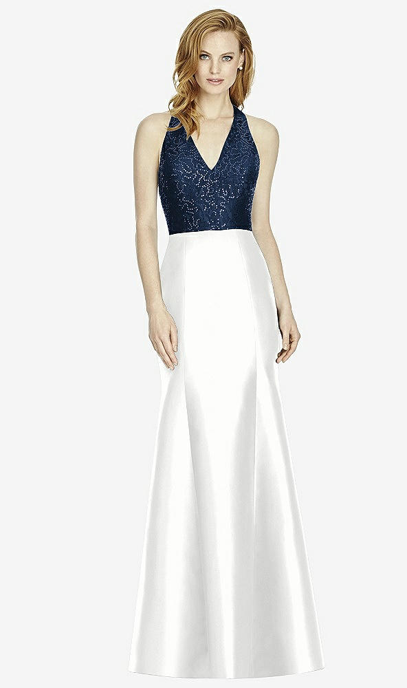 Front View - White & Midnight Navy Studio Design Collection 4514 Full Length Halter V-Neck Bridesmaid Dress