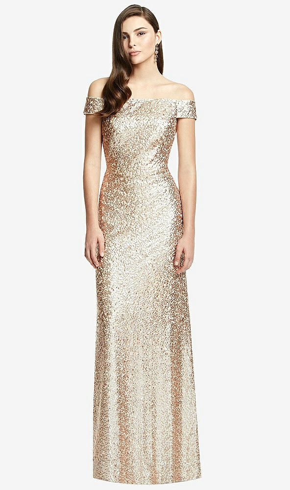 Front View - Rose Gold Off-the-Shoulder Open-Back Sequin Trumpet Gown