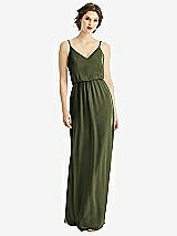 Front View Thumbnail - Olive Green V-Neck Blouson Bodice Chiffon Maxi Dress