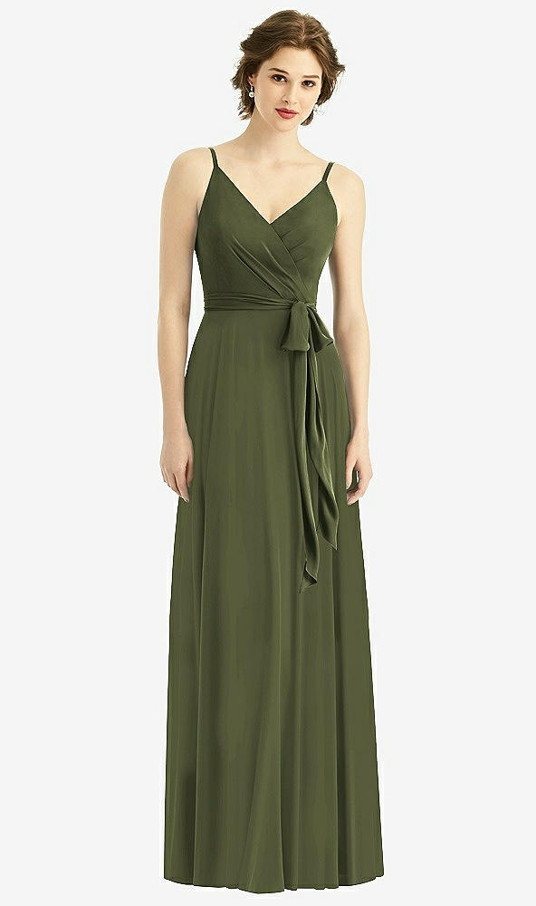 Front View - Olive Green Draped Wrap Chiffon Maxi Dress with Sash