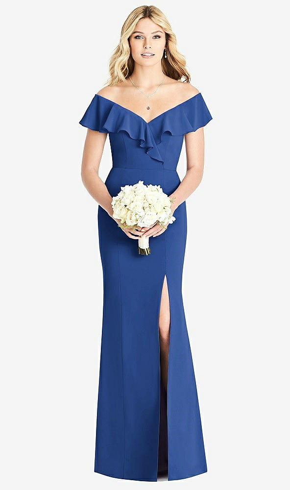 Front View - Classic Blue Off-the-Shoulder Draped Ruffle Faux Wrap Trumpet Gown