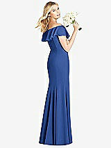 Rear View Thumbnail - Classic Blue Off-the-Shoulder Draped Ruffle Faux Wrap Trumpet Gown