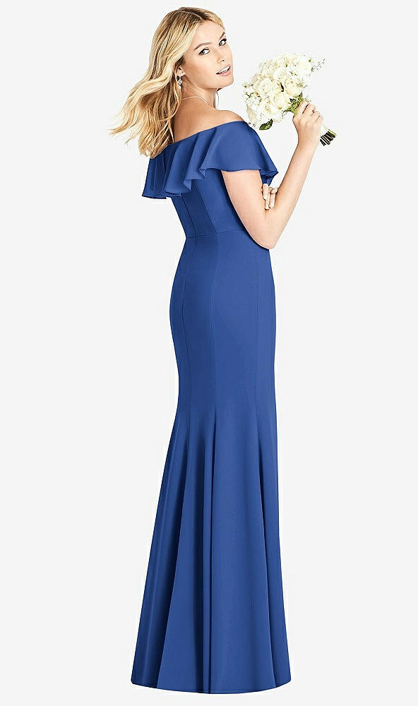 Back View - Classic Blue Off-the-Shoulder Draped Ruffle Faux Wrap Trumpet Gown