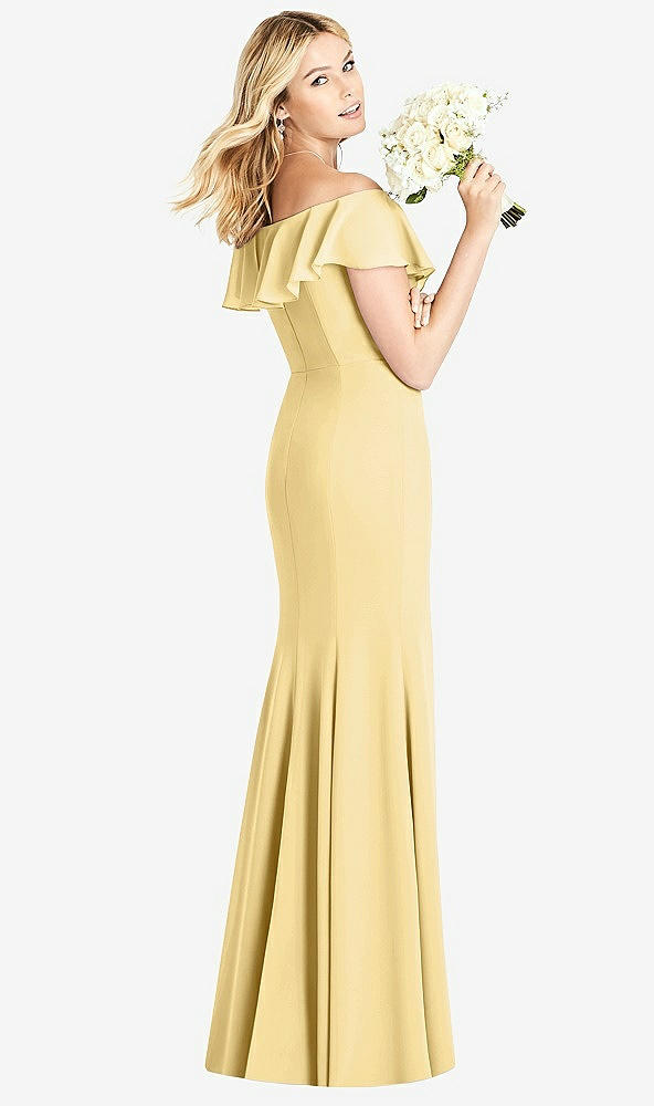 Back View - Buttercup Off-the-Shoulder Draped Ruffle Faux Wrap Trumpet Gown