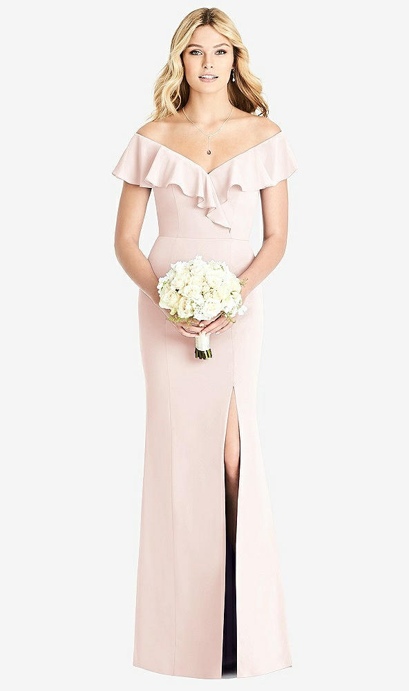 Front View - Blush Off-the-Shoulder Draped Ruffle Faux Wrap Trumpet Gown