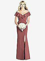 Front View Thumbnail - English Rose Off-the-Shoulder Draped Ruffle Faux Wrap Trumpet Gown