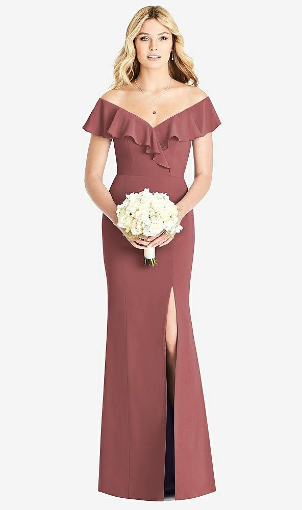 Front View - English Rose Off-the-Shoulder Draped Ruffle Faux Wrap Trumpet Gown