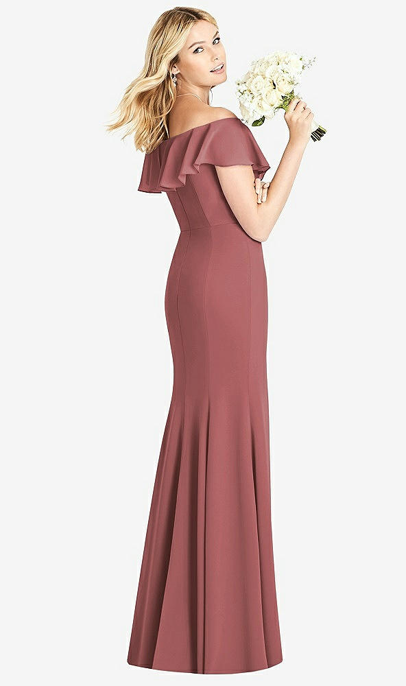 Back View - English Rose Off-the-Shoulder Draped Ruffle Faux Wrap Trumpet Gown