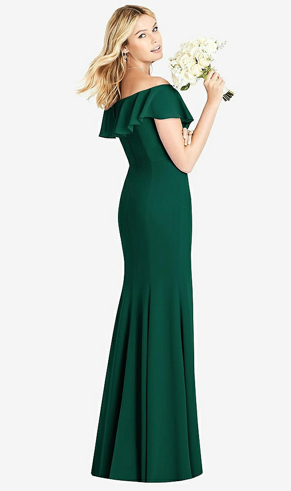 Back View - Hunter Green Off-the-Shoulder Draped Ruffle Faux Wrap Trumpet Gown