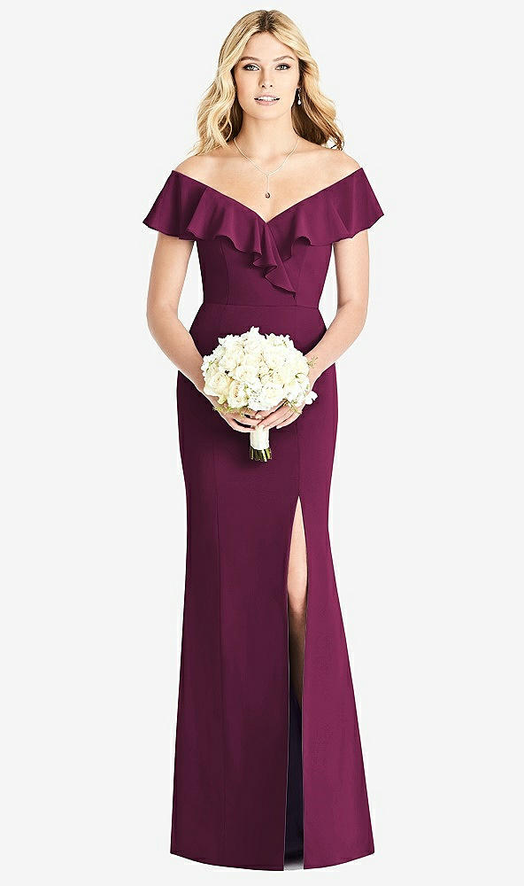 Front View - Ruby Off-the-Shoulder Draped Ruffle Faux Wrap Trumpet Gown