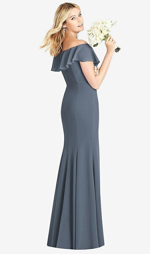 Back View - Silverstone Off-the-Shoulder Draped Ruffle Faux Wrap Trumpet Gown