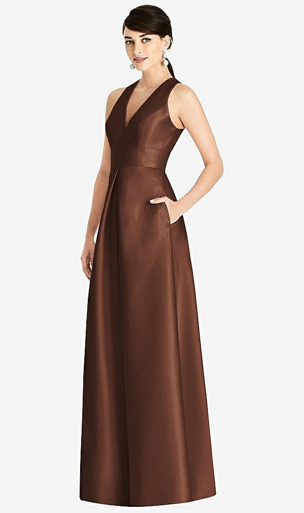 Front View - Cognac Sleeveless Open-Back Pleated Skirt Dress with Pockets
