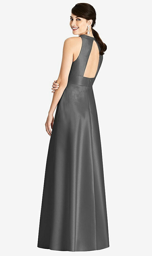 Back View - Gunmetal Sleeveless Open-Back Pleated Skirt Dress with Pockets