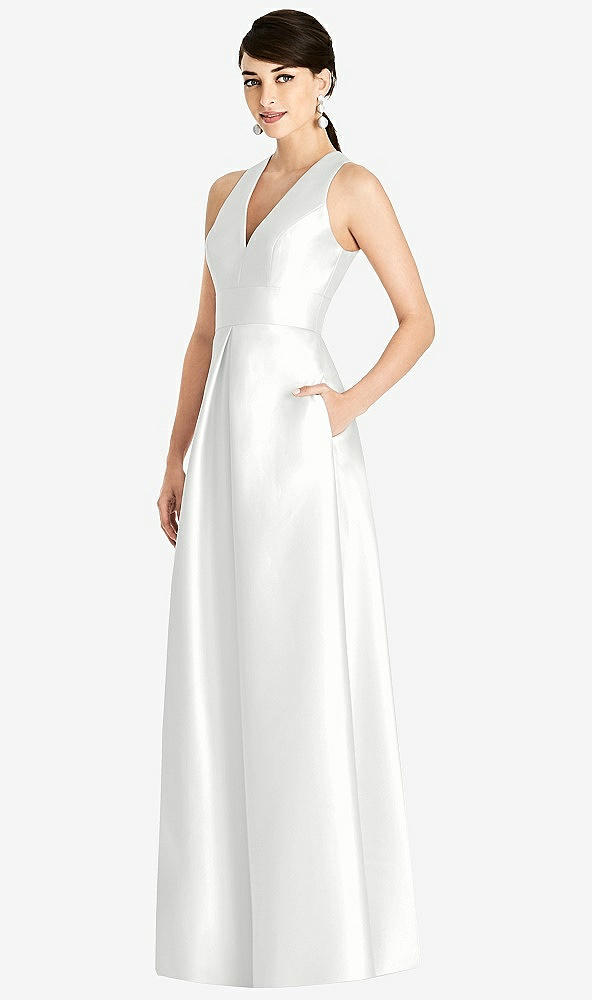 Front View - White Sleeveless Open-Back Pleated Skirt Dress with Pockets