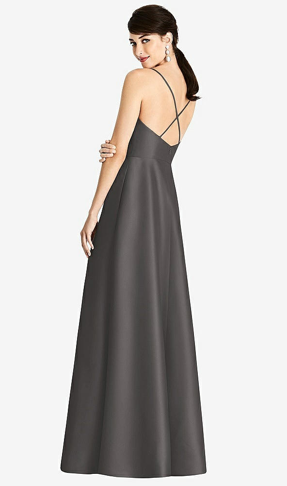 Back View - Caviar Gray V-Neck Full Skirt Satin Maxi Dress