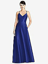Front View Thumbnail - Cobalt Blue V-Neck Full Skirt Satin Maxi Dress