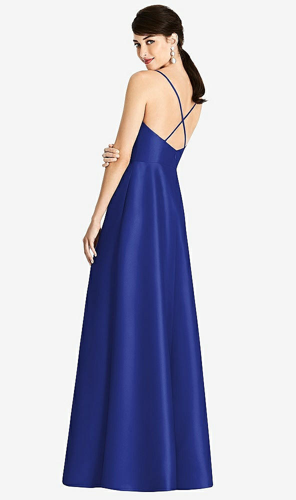 Back View - Cobalt Blue V-Neck Full Skirt Satin Maxi Dress