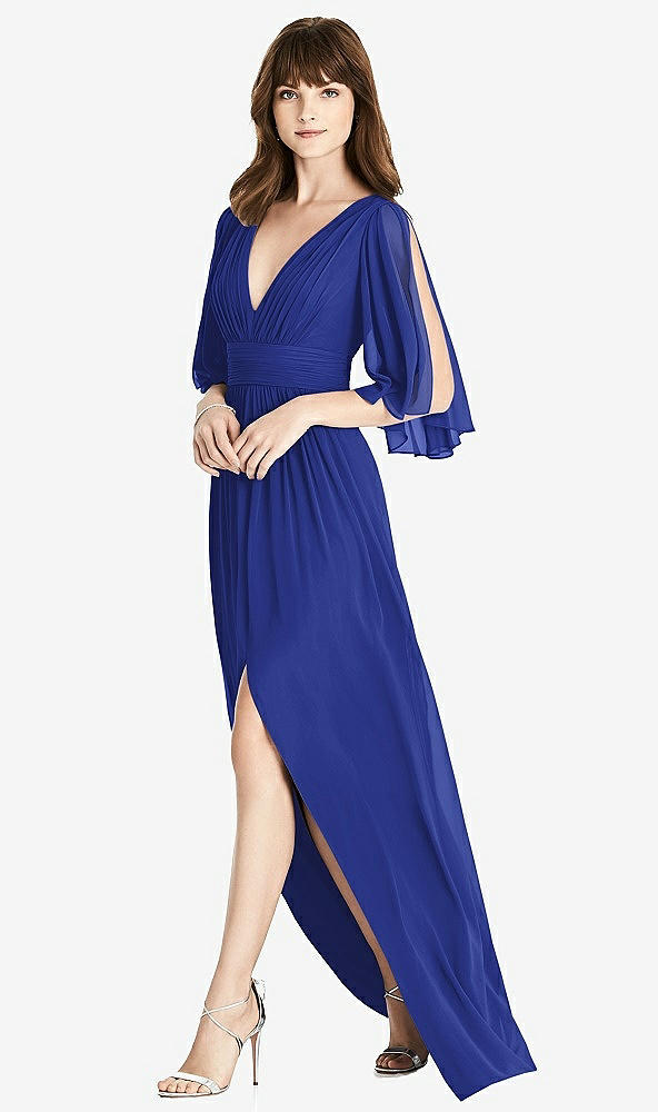 Front View - Cobalt Blue Split Sleeve Backless Chiffon Maxi Dress