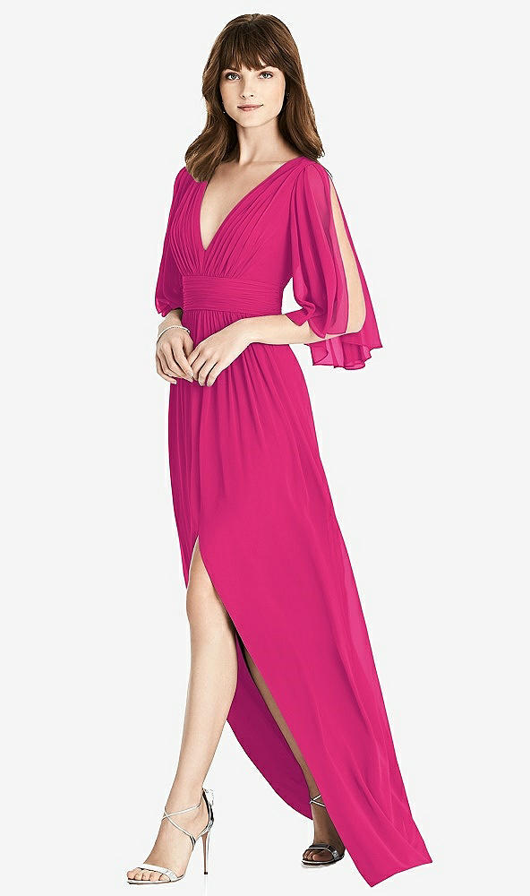 Front View - Think Pink Split Sleeve Backless Chiffon Maxi Dress