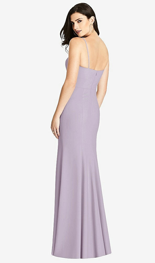 Back View - Lilac Haze Seamed Bodice Crepe Trumpet Gown with Front Slit