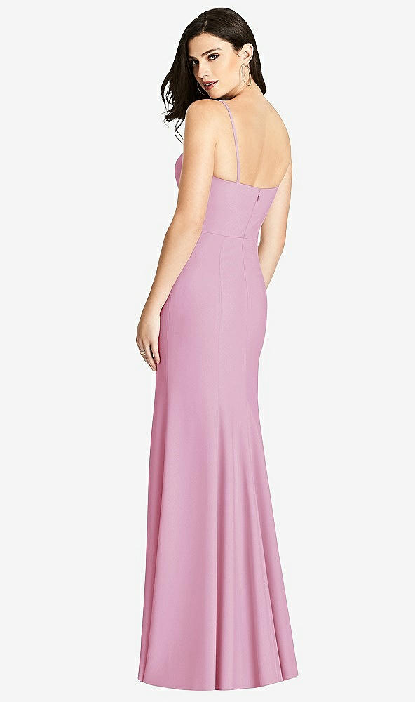 Back View - Powder Pink Seamed Bodice Crepe Trumpet Gown with Front Slit