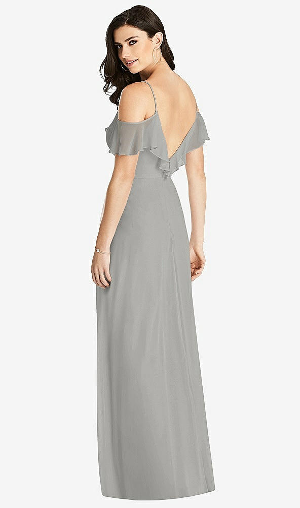 Back View - Chelsea Gray Ruffled Cold-Shoulder Chiffon Maxi Dress