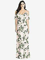 Front View Thumbnail - Palm Beach Print Ruffled Cold-Shoulder Chiffon Maxi Dress