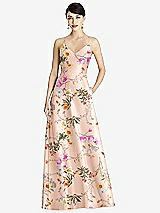 Front View Thumbnail - Butterfly Botanica Pink Sand Criss Cross Back Floral Satin Maxi Dress with Full A-Line Skirt
