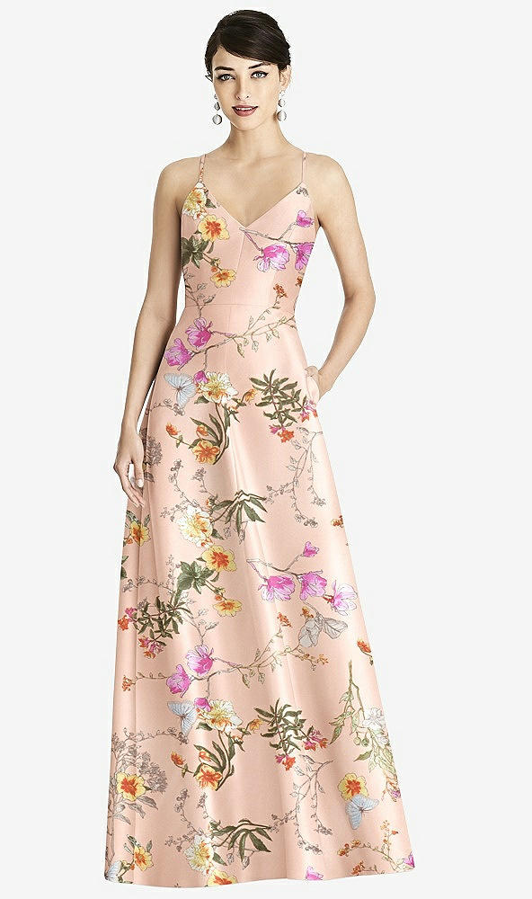 Front View - Butterfly Botanica Pink Sand Criss Cross Back Floral Satin Maxi Dress with Full A-Line Skirt