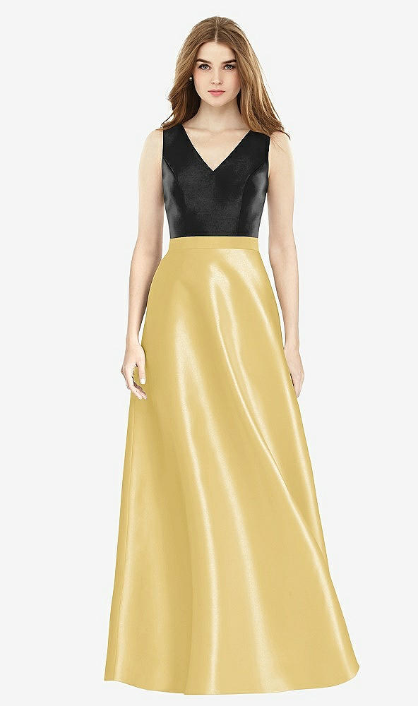 Front View - Maize & Black Sleeveless A-Line Satin Dress with Pockets