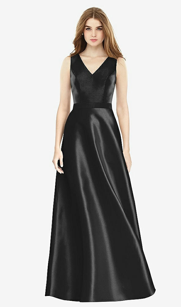 Front View - Black & Black Sleeveless A-Line Satin Dress with Pockets
