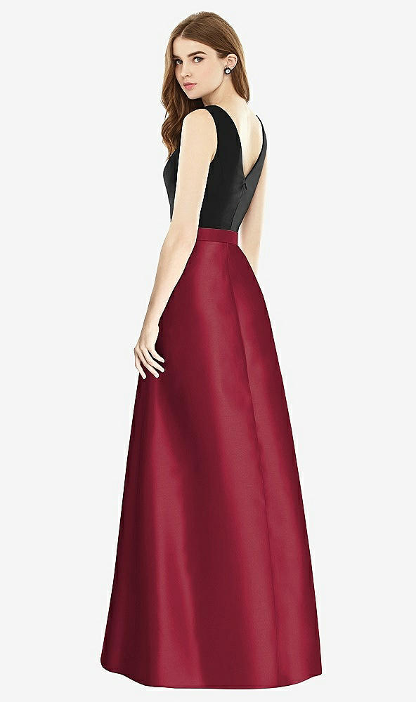 Back View - Burgundy & Black Sleeveless A-Line Satin Dress with Pockets