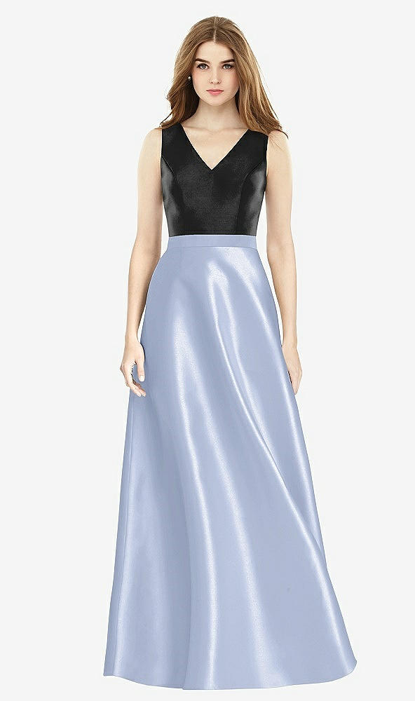 Front View - Sky Blue & Black Sleeveless A-Line Satin Dress with Pockets
