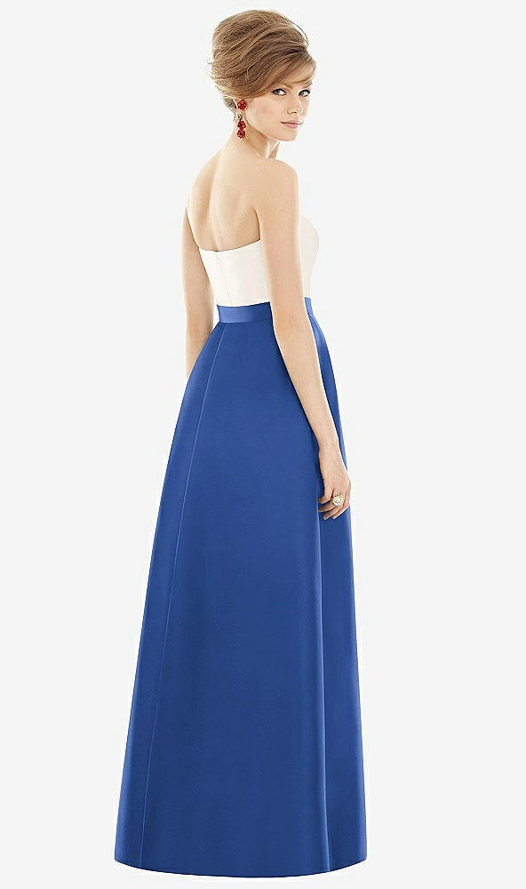 Back View - Classic Blue & Ivory Strapless Pleated Skirt Maxi Dress with Pockets