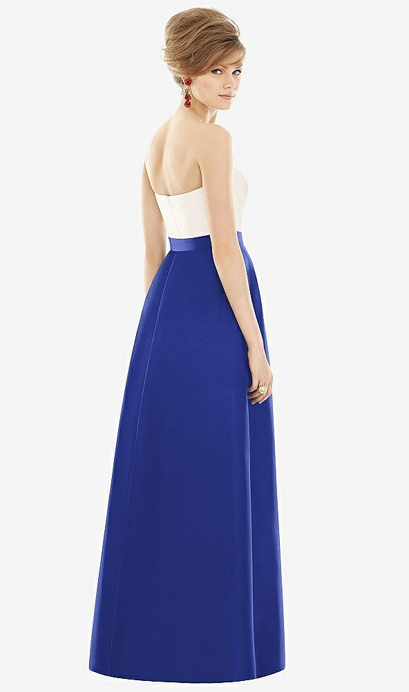 Back View - Cobalt Blue & Ivory Strapless Pleated Skirt Maxi Dress with Pockets