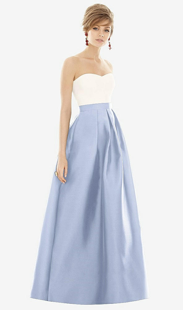 Front View - Sky Blue & Ivory Strapless Pleated Skirt Maxi Dress with Pockets