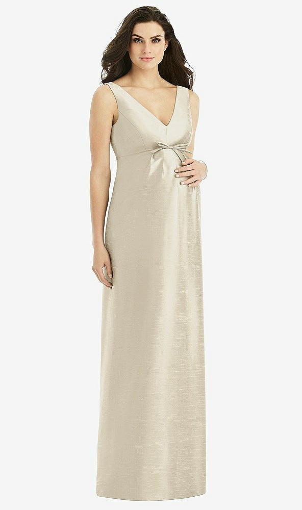 Front View - Champagne Sleeveless Satin Twill Maternity Dress