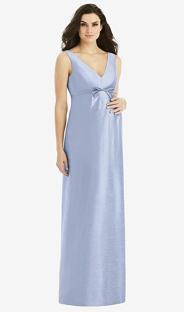 Front View - Sky Blue Sleeveless Satin Twill Maternity Dress