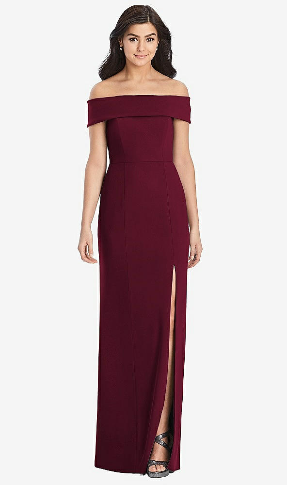 Front View - Cabernet Cuffed Off-the-Shoulder Trumpet Gown