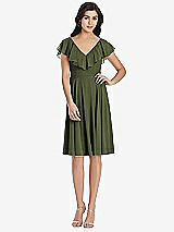 Front View Thumbnail - Olive Green Midi Natural Waist Ruffled VNeck Dress