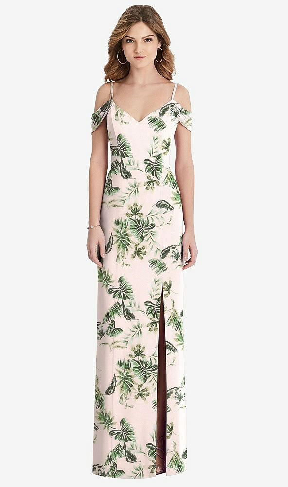 Front View - Palm Beach Print Off-the-Shoulder Chiffon Trumpet Gown with Front Slit