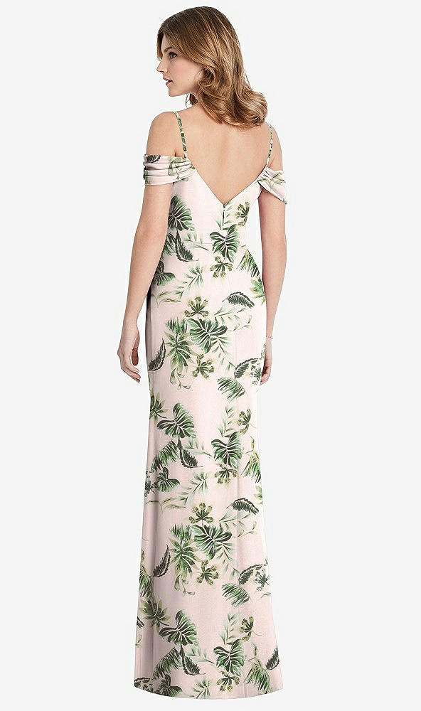 Back View - Palm Beach Print Off-the-Shoulder Chiffon Trumpet Gown with Front Slit