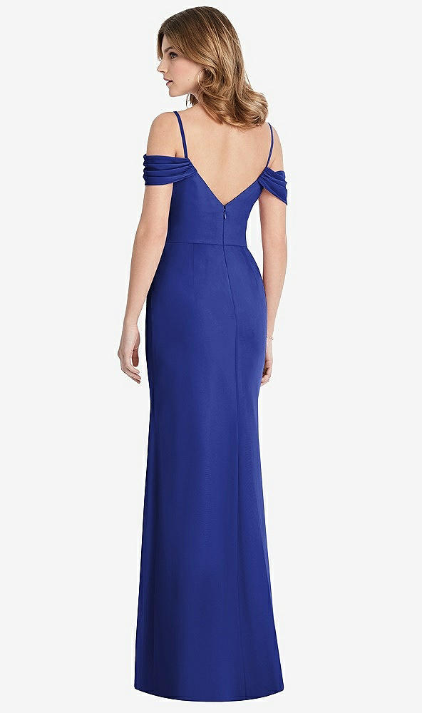Back View - Cobalt Blue Off-the-Shoulder Chiffon Trumpet Gown with Front Slit