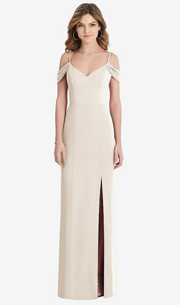 Front View - Oat Off-the-Shoulder Chiffon Trumpet Gown with Front Slit
