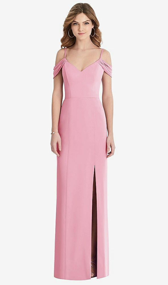 Front View - Peony Pink Off-the-Shoulder Chiffon Trumpet Gown with Front Slit