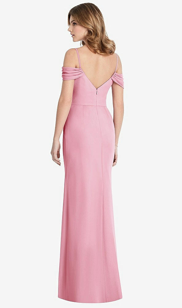 Back View - Peony Pink Off-the-Shoulder Chiffon Trumpet Gown with Front Slit